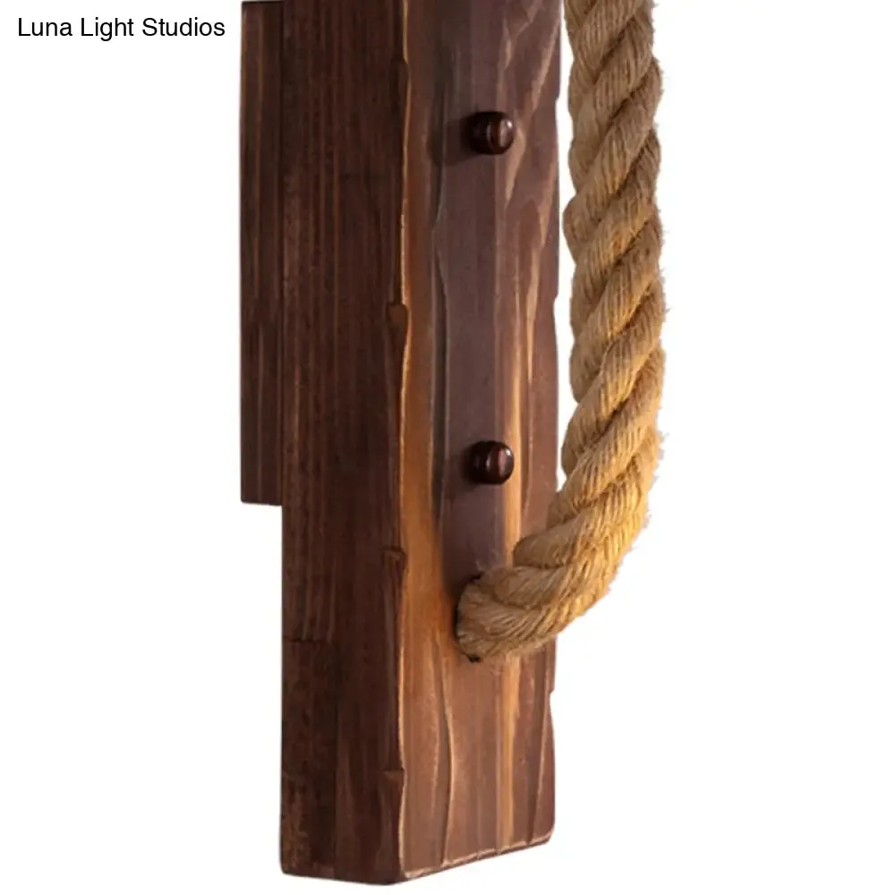 Rustic L-Shaped Wall Mount with Hemp Rope Cord - Brown Wood Dining Room Fixture