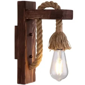 Rustic L-Shaped Wall Mount with Hemp Rope Cord - Brown Wood Dining Room Fixture