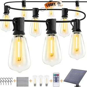 Solar string lights outdoor waterproof 100ft with 52 Shatterproof ,Solar lights outdoor with Remote ST38 Vintage Edison Bulbs, Hanging Lights for Outside Backyard