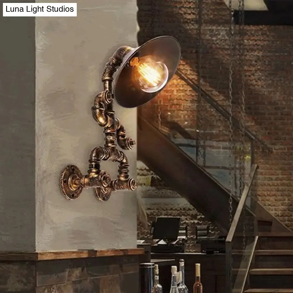 Steampunk Iron Pipe Man Wall Mount Light with Flared Bronze Shade - Bedroom Wall Lamp (1 Head)