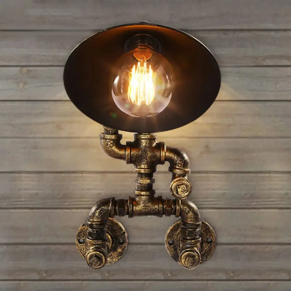 Steampunk Iron Pipe Man Wall Mount Light with Flared Bronze Shade - Bedroom Wall Lamp (1 Head)