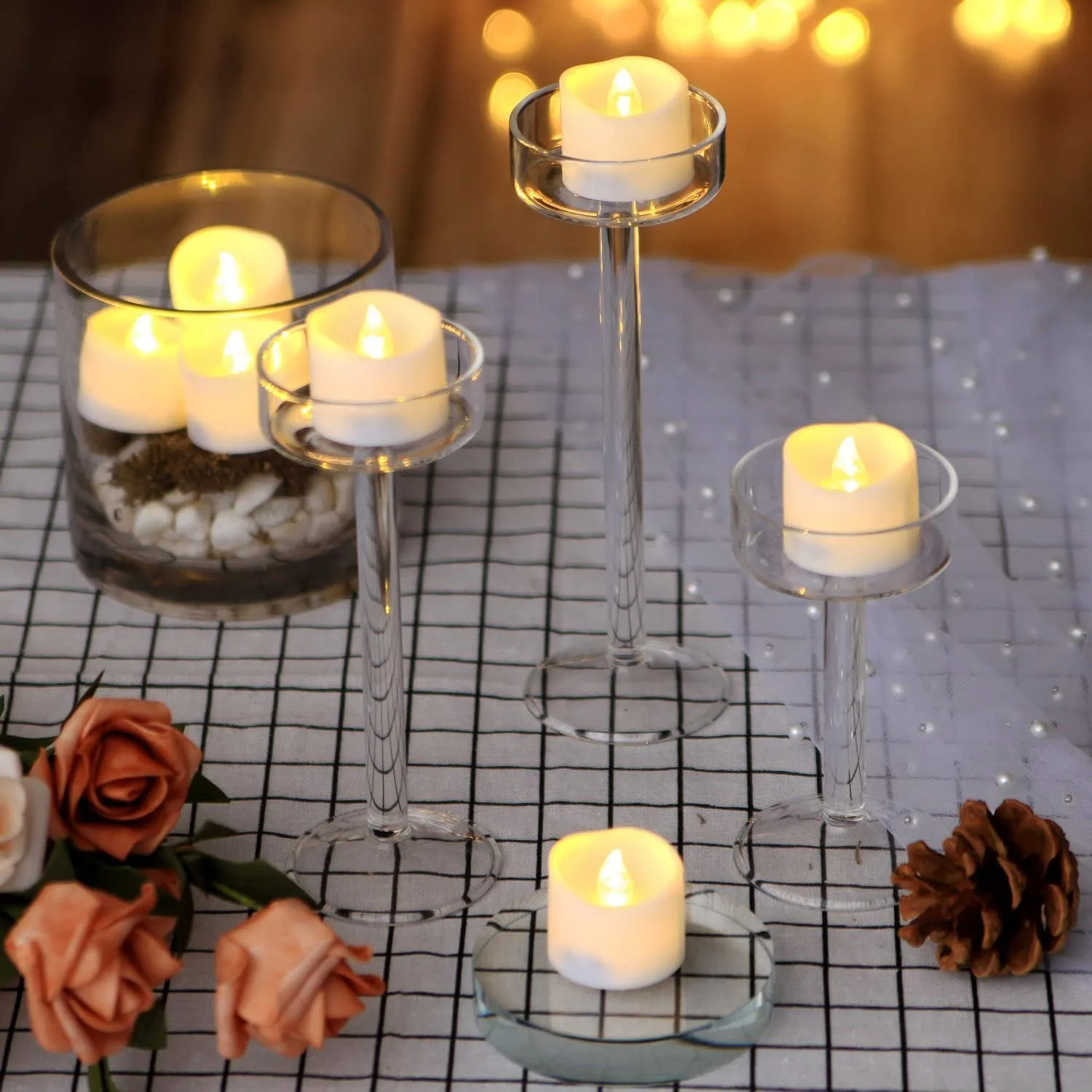 Tea Lights with Timer, Flickering Tealights Candles 12PCS 6hrs on and 18hrs Off in 24 Hours Cycle Automatically Timing LED Candles Lights with 100 PCS Decorative Fake Rose Petals for Decor