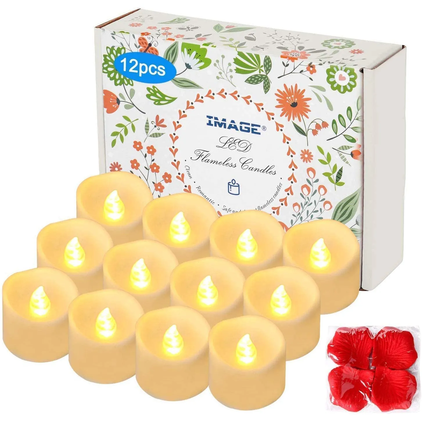 Tea Lights with Timer, Flickering Tealights Candles 12PCS 6hrs on and 18hrs Off in 24 Hours Cycle Automatically Timing LED Candles Lights with 100 PCS Decorative Fake Rose Petals for Decor