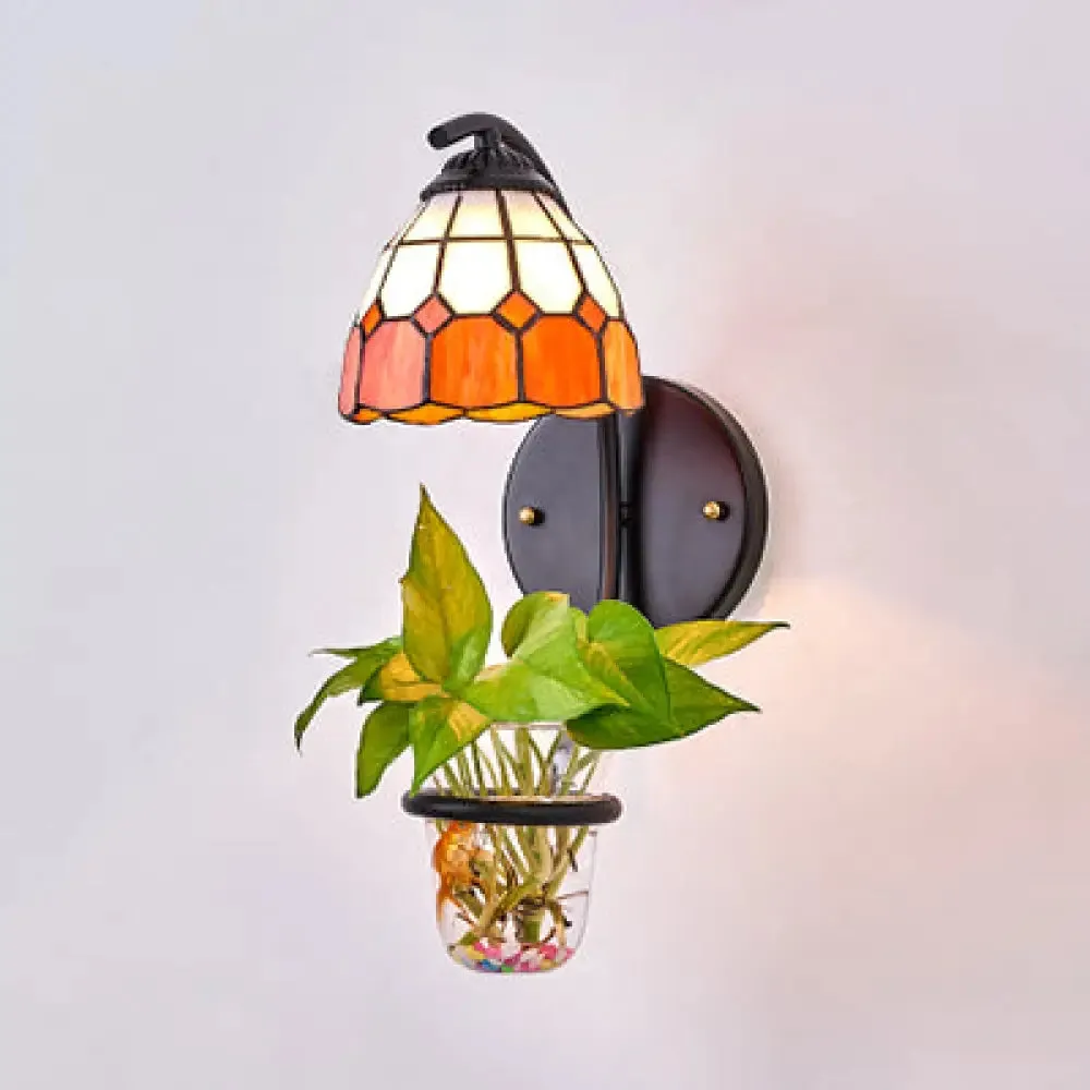 Tiffany Stained Glass Sconce Light: Grid Patterned Wall Mount with Plant Decoration - Yellow/Orange/Clear