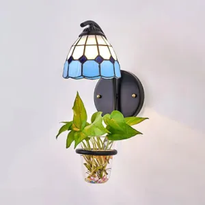 Tiffany Stained Glass Sconce Light: Grid Patterned Wall Mount with Plant Decoration - Yellow/Orange/Clear