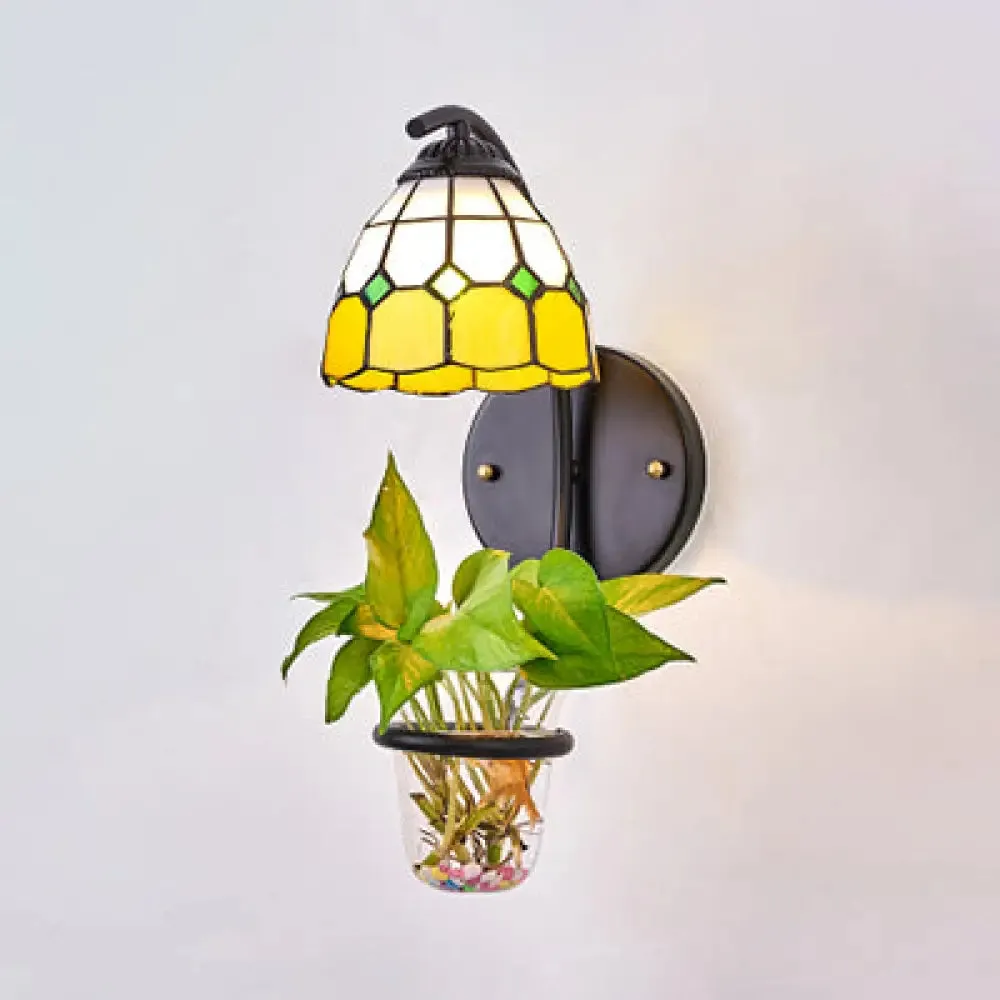 Tiffany Stained Glass Sconce Light: Grid Patterned Wall Mount with Plant Decoration - Yellow/Orange/Clear