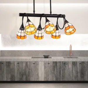 Tiffany Style Kitchen Island Lighting: Dome Shade Hanging Lamp with Blue/Orange & Yellow Stainless Glass (6/10 Lights)