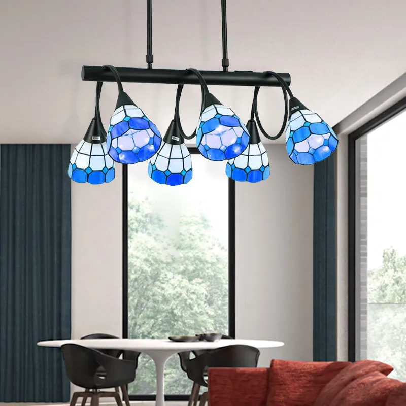 Tiffany Style Kitchen Island Lighting: Dome Shade Hanging Lamp with Blue/Orange & Yellow Stainless Glass (6/10 Lights)