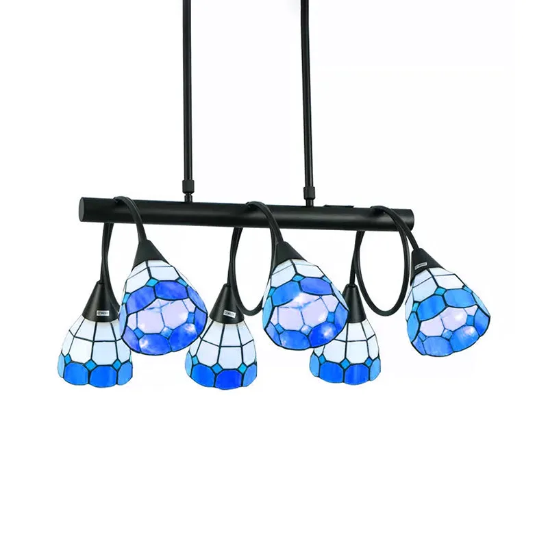 Tiffany Style Kitchen Island Lighting: Dome Shade Hanging Lamp with Blue/Orange & Yellow Stainless Glass (6/10 Lights)