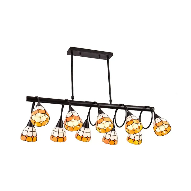 Tiffany Style Kitchen Island Lighting: Dome Shade Hanging Lamp with Blue/Orange & Yellow Stainless Glass (6/10 Lights)