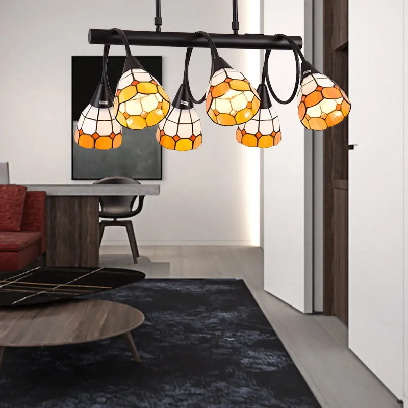 Tiffany Style Kitchen Island Lighting: Dome Shade Hanging Lamp with Blue/Orange & Yellow Stainless Glass (6/10 Lights)