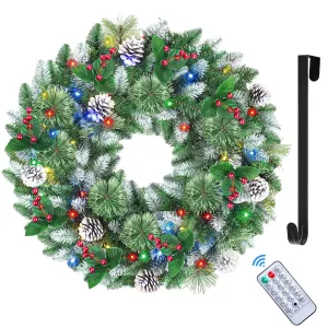 timeless SHareconn 24 Inch Prelit Artificial Christmas Wreath with 15' Reef Hanger, Warm White & Multi-Color Lights with Timer Function, Pine Cones and Red Berries for Xmas Front Door Wall Decoration, Snow