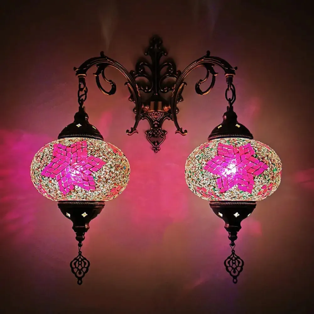 Turkish Hand-Cut Glass Wall Sconce Light Fixture - Dual Bulb Wall Mount Lighting (White/Red/Pink)