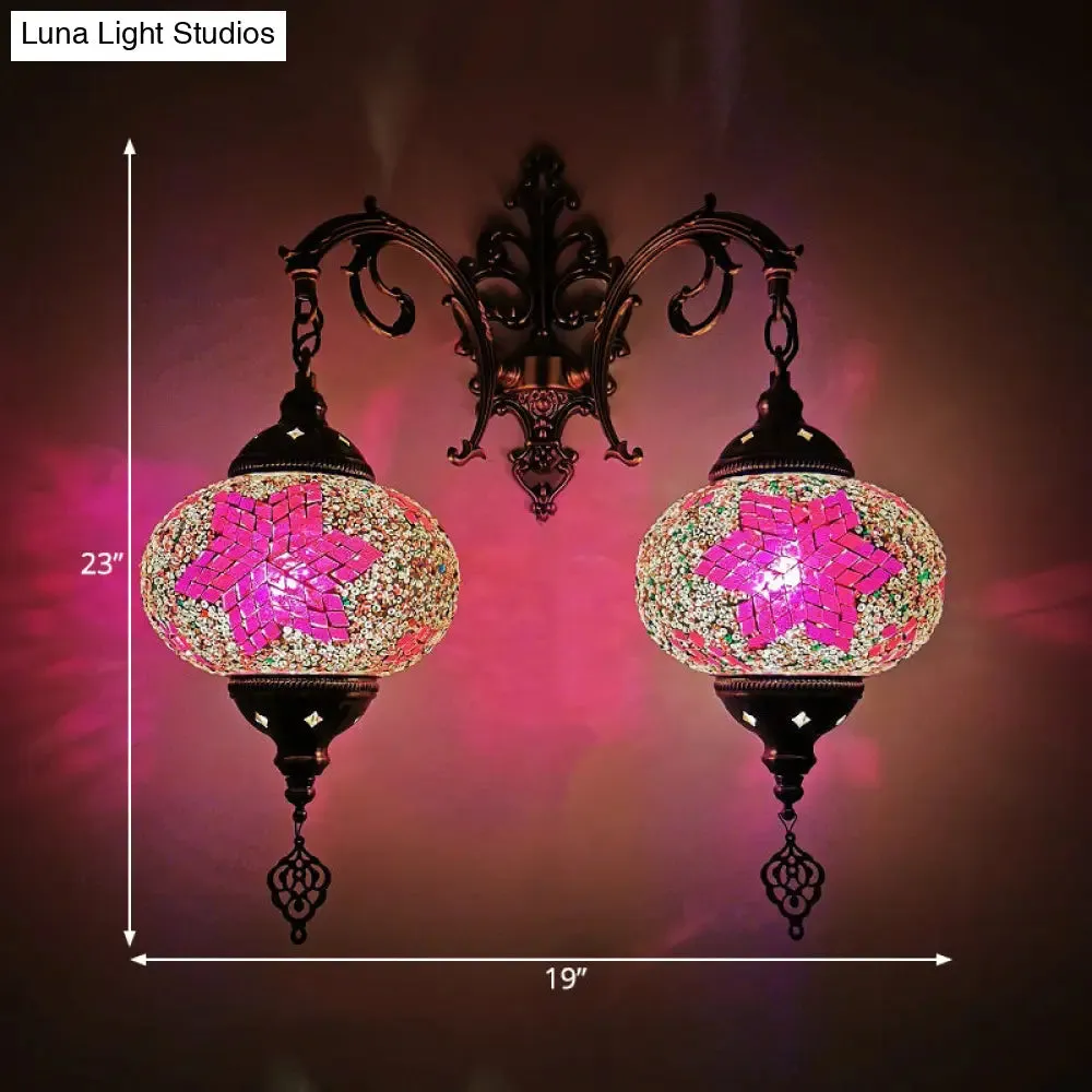 Turkish Hand-Cut Glass Wall Sconce Light Fixture - Dual Bulb Wall Mount Lighting (White/Red/Pink)