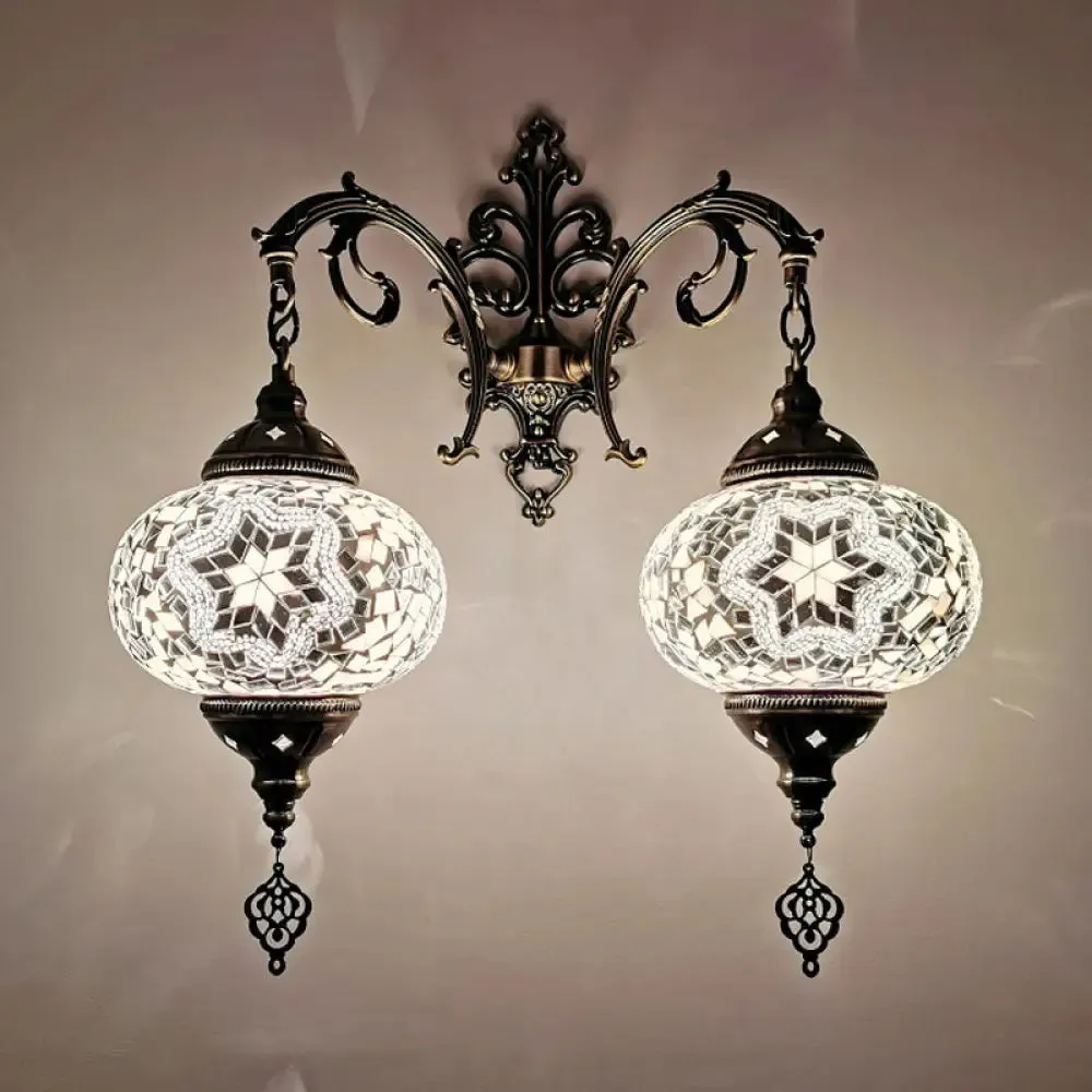 Turkish Hand-Cut Glass Wall Sconce Light Fixture - Dual Bulb Wall Mount Lighting (White/Red/Pink)