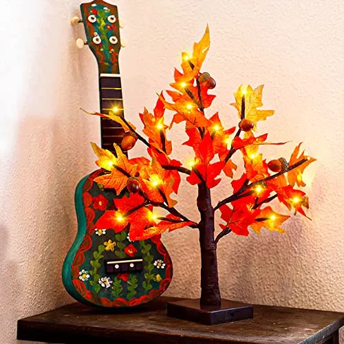 Twinkle Star 24 LED Tabletop Lighted Maple Tree Battery Operated, Thanksgiving Table Decoration Lights, Maple Leaves and Acorn Autumn Tree for Indoor Home Bedroom Fall Decorations