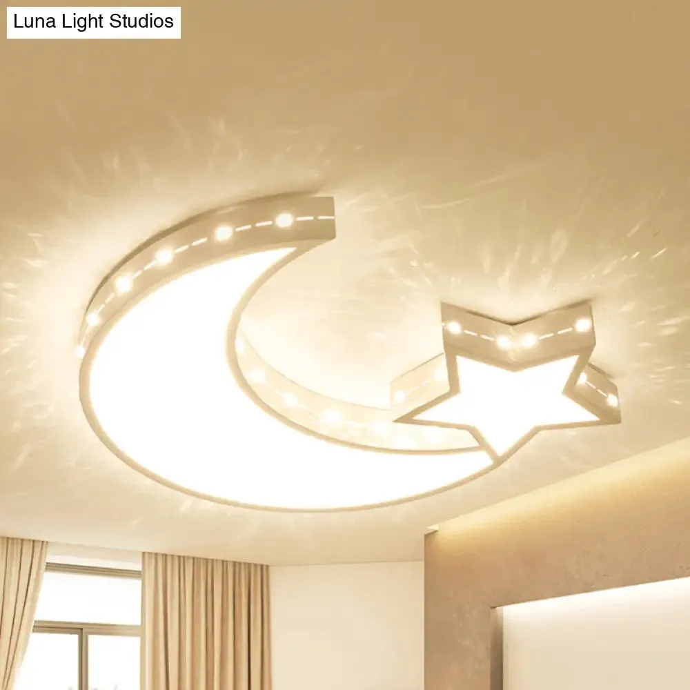 White Metal Hollow Star Crescent Flush Ceiling Light - Modern LED Fixture for Kid's Bedroom