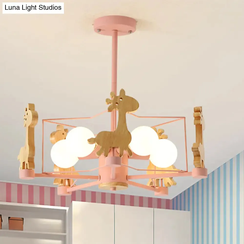 Wooden Giraffe Ceiling Fixture for Kids - 5-Light Semi Flush Mount with Star Iron Frame, Grey/Pink/Green