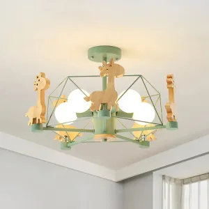 Wooden Giraffe Ceiling Fixture for Kids - 5-Light Semi Flush Mount with Star Iron Frame, Grey/Pink/Green