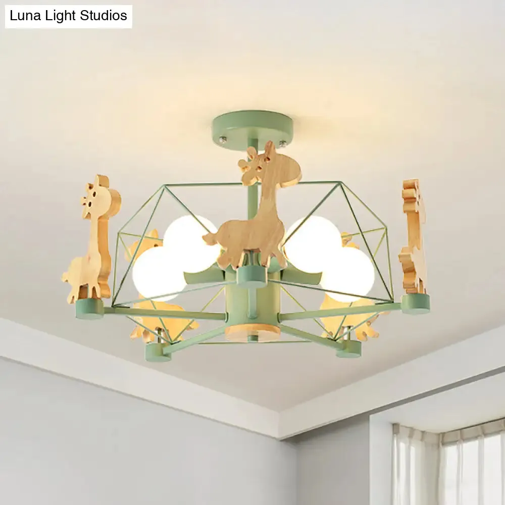 Wooden Giraffe Ceiling Fixture for Kids - 5-Light Semi Flush Mount with Star Iron Frame, Grey/Pink/Green